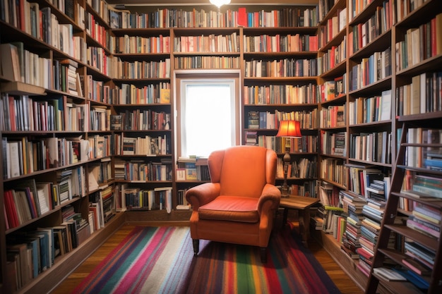 Foto biblioteca com livros coloridos em prateleiras e cadeira de leitura criada com ai gerativa