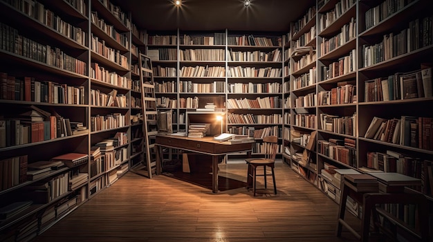 Foto biblioteca com muitos livros nas prateleiras conceito de aprendizagem de educação de conhecimento generative ai