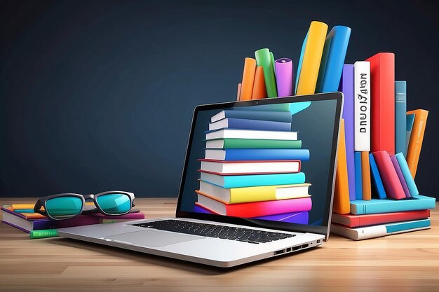 Biblioteca digital y concepto de educación en línea computadora portátil con libros coloridos renderización 3D
