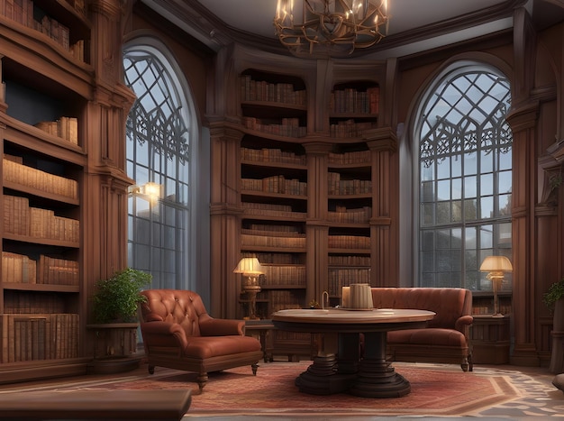 Biblioteca de diseño realista con un tema cautivador de Harry Potter que ofrece una experiencia de lectura verdaderamente encantadora Generativa AI Generada