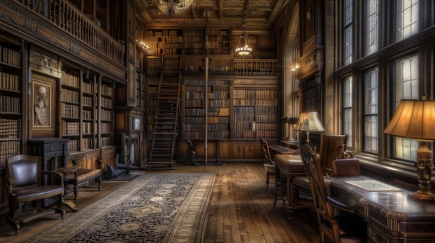 Biblioteca doméstica clássica com ricas estantes de madeira cheias de volumes de conhecimento