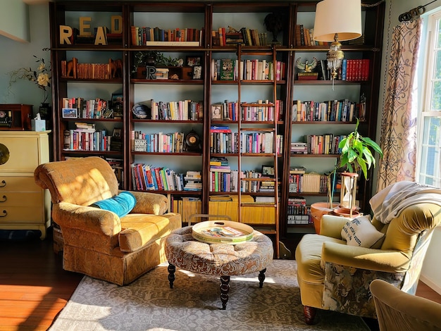 La biblioteca doméstica de la hora dorada con un acogedor rincón de lectura