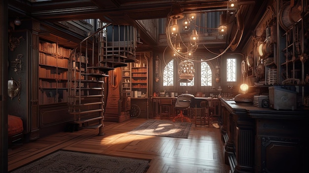 Una biblioteca doméstica inspirada en Steampunk es una celebración de la innovación y la imaginación Generada por IA