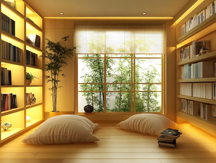 Biblioteca doméstica inspirada en el Zen con estanterías y cojines grandes IA generativa