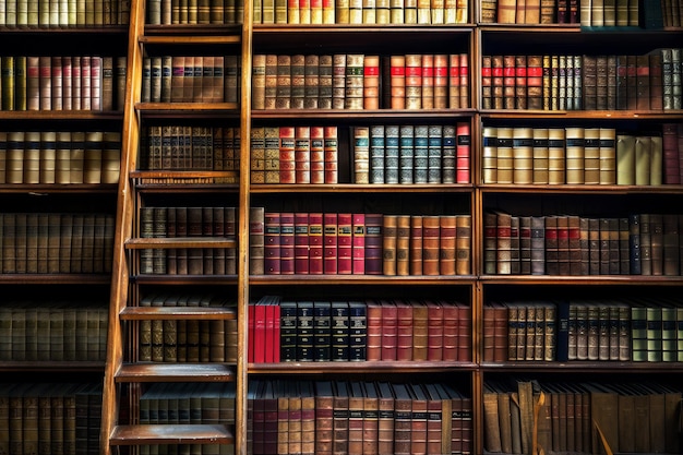 Una biblioteca con una escalera de madera que conduce al estante superior