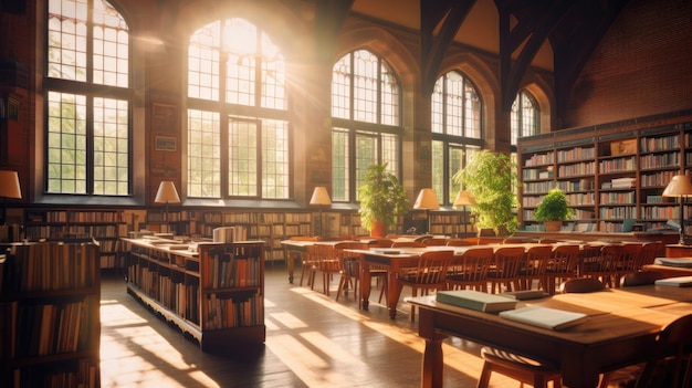 Biblioteca escolar cheia de livros com luz solar matinal iluminando a sala IA generativa