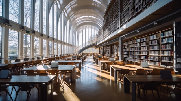 la biblioteca está abierta al público y tiene una biblioteca con estanterías y un gran techo.