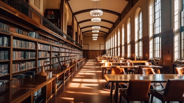 La biblioteca está llena de libros y las luces del techo están apagadas.