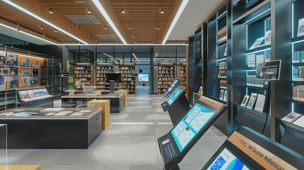 una biblioteca con un estante de libros y una estantería con una exhibición de diferentes tipos de libros