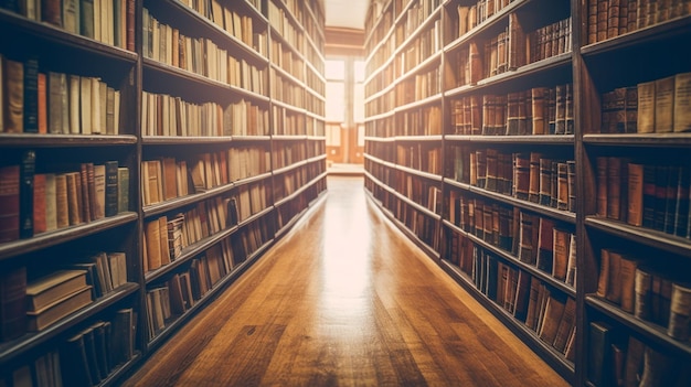 Una biblioteca con estanterías y una luz que brilla en el suelo.