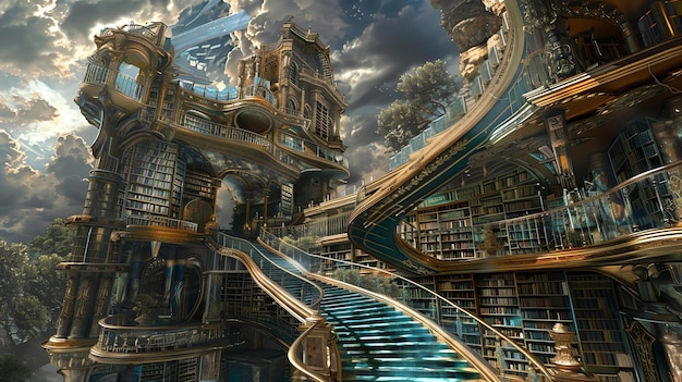 Foto una biblioteca de fantasía épica con una escalera dorada que conduce a una gran puerta doble