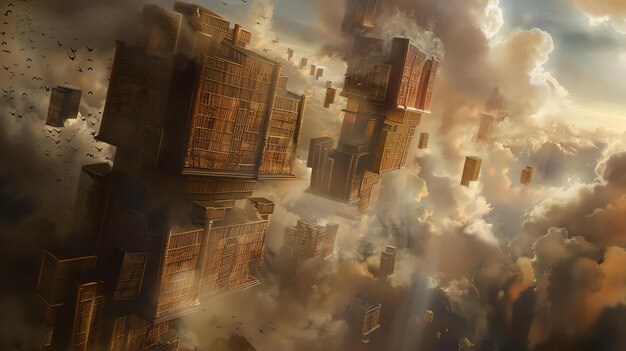 Biblioteca flotante mística Librerías y libros en el cielo Ilustración 3D