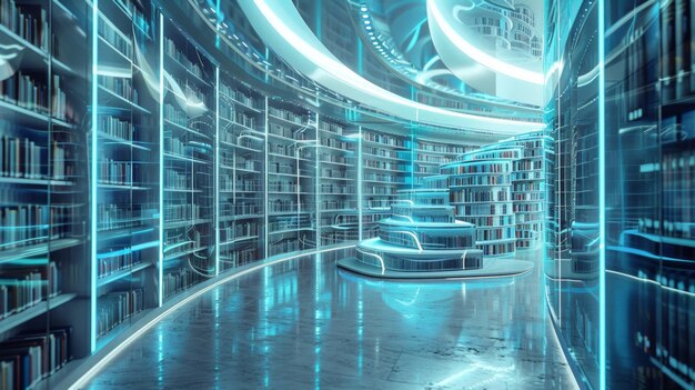 Foto biblioteca futurista con libros holográficos