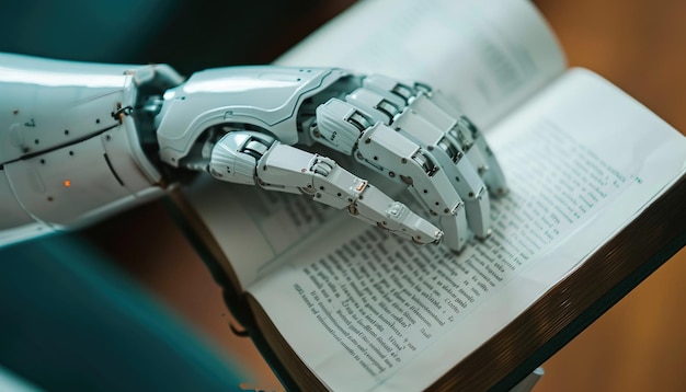 En una biblioteca futurista, las manos de un robot sostienen un libro técnico que simboliza la cibernética de la automatización AIG62