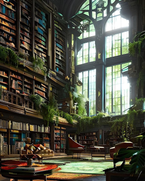 Una biblioteca con una gran ventana que tiene plantas.