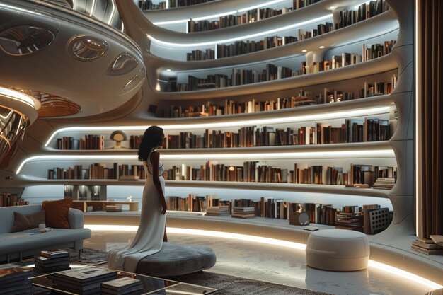 Foto biblioteca interracial futurista com livros de dif