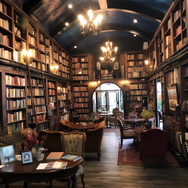 Una biblioteca con una librería y una mesa con un cartel que dice "la palabra".