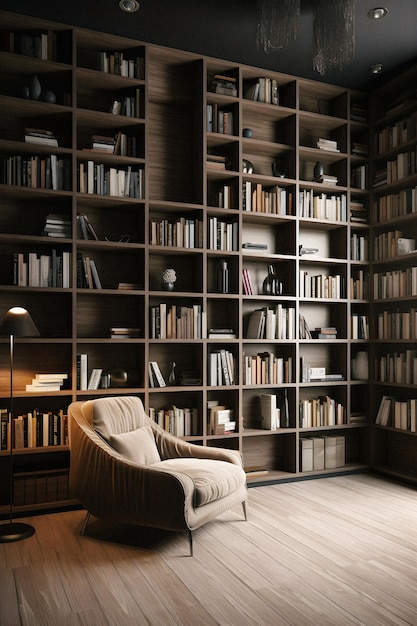 Una biblioteca con una librería y una silla en la esquina.