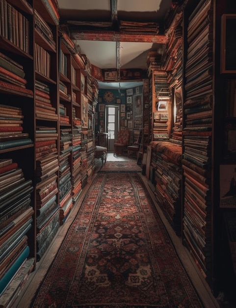 Foto una biblioteca con libros en los estantes.