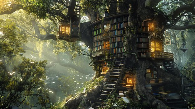 Una biblioteca mágica escondida en el bosque exuberante La luz del sol se filtra a través de las hojas creando una atmósfera cálida y acogedora