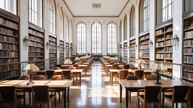 una biblioteca con mesas y sillas y un techo con una claraboya por encima.