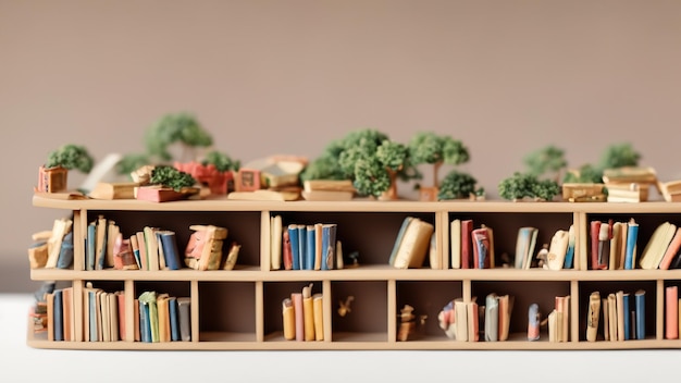 Una biblioteca en miniatura hecha de pequeños libros que invita a las hadas a explorar el mundo.