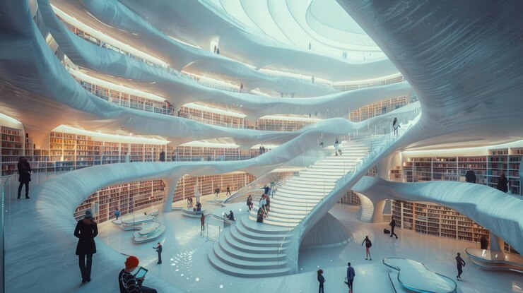 Foto una biblioteca moderna con un diseño futurista único con una gran escalera curva blanca en el centro la biblioteca está llena de personas revisando los estantes