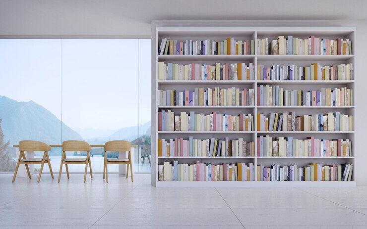 Biblioteca moderna con mesas y sillas renderización en 3D