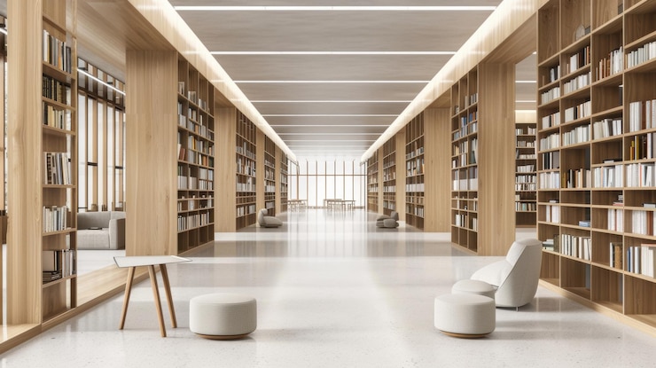 Foto biblioteca moderna vazia com prateleiras