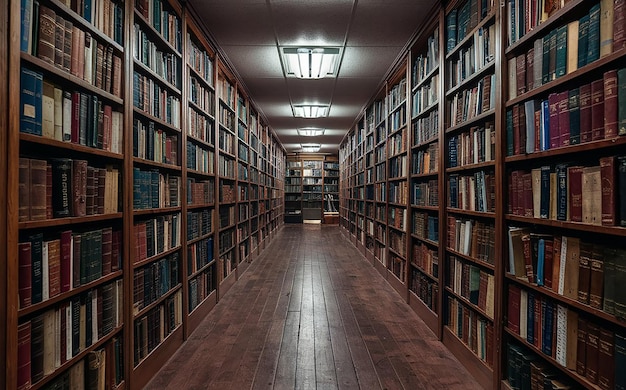 una biblioteca con muchos libros en los estantes y una luz de techo