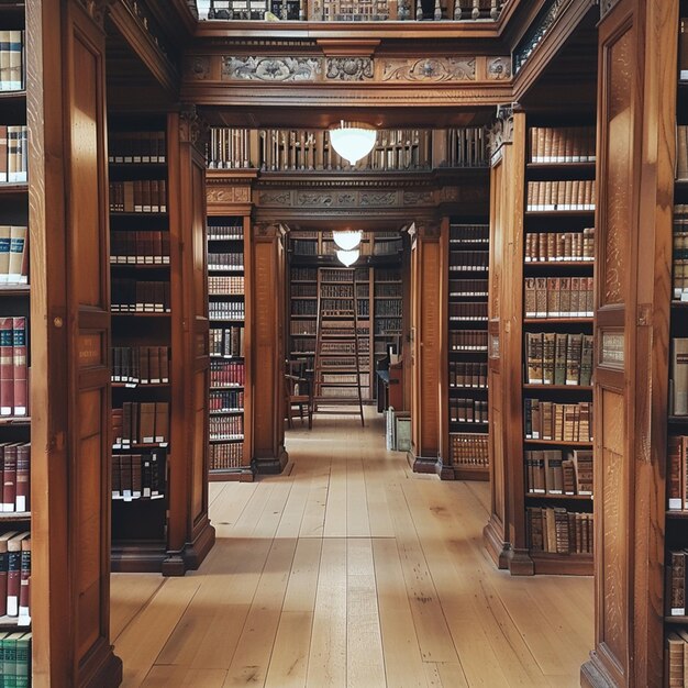 una biblioteca con muchos libros en el suelo y una luz en el techo