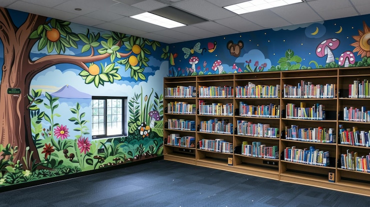 Foto una biblioteca con un mural en la pared que representa un bosque el mural es colorido y animado con una variedad