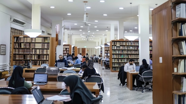 Una biblioteca ocupada con estudiantes que estudian e investigan