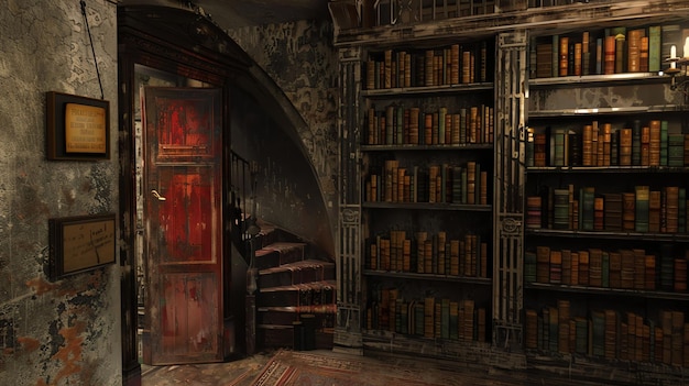 Una biblioteca oscura y polvorienta con una escalera en espiral que conduce a una puerta oculta