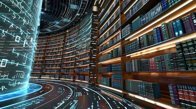 Biblioteca renderizada em 3D futurista com tecnologia da informação