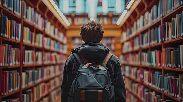 Biblioteca Reverie Um estudante contemplando o conhecimento em meio a prateleiras IA geradora