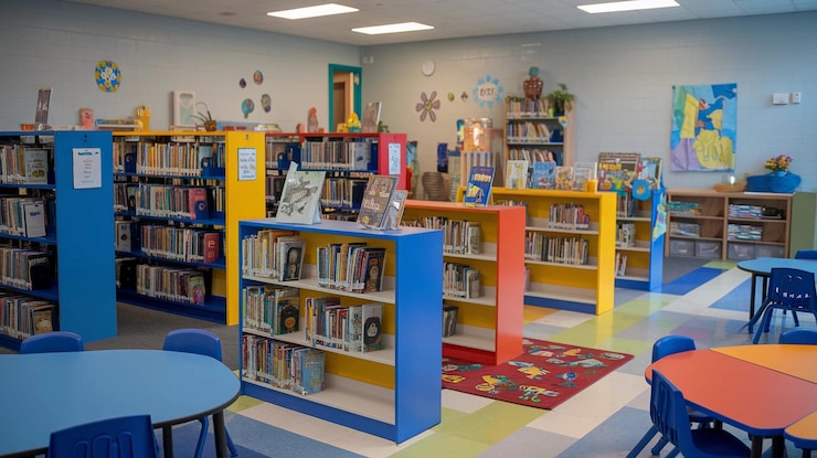 Foto una biblioteca con una silla azul y una mesa con libros en ella