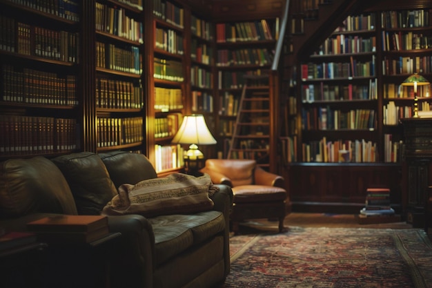 una biblioteca con un sofá y una lámpara en el estante