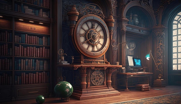 Biblioteca Steampunk completa con impresionantes accesorios y detalles intrincados Generado por AI