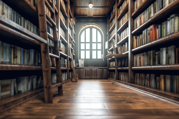 Una biblioteca con suelo de madera y una ventana por la que entra el sol.