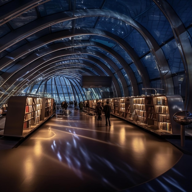 Una biblioteca con un techo azul que dice "la palabra biblioteca".