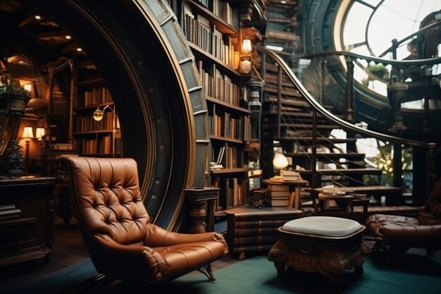 Foto biblioteca con temática steampunk en el interior