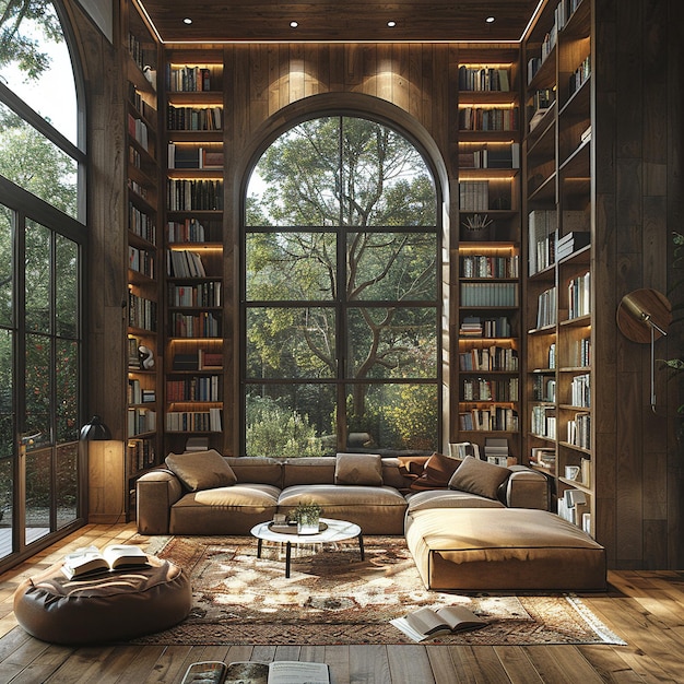 Biblioteca de tonos cálidos con estanterías incorporadas y un acogedor rincón de lectura hiperrealista