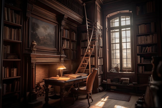 Foto biblioteca tranquila con estanterías llenas luz suave generativa ia