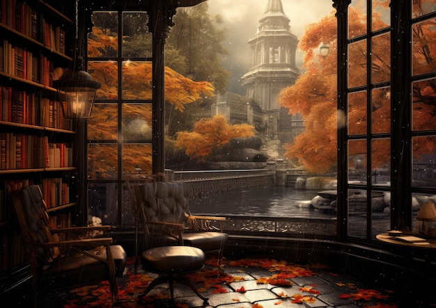 Una biblioteca tranquila con vistas a la escena lluviosa del otoño en el exterior.