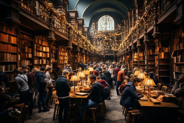 Biblioteca universitária cheia de fileiras de livros e estudantes estudiosos IA geradora