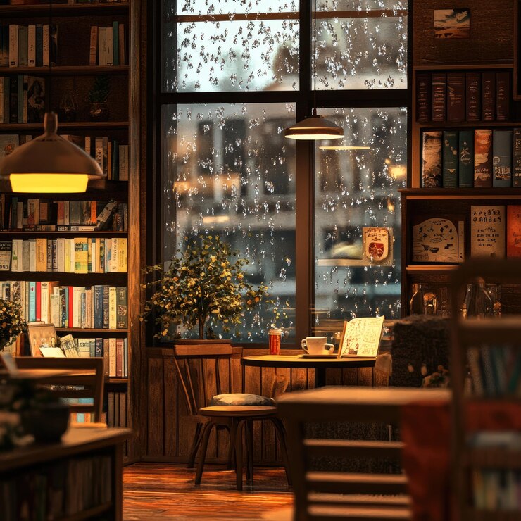 una biblioteca con una ventana que tiene muchos libros en ella
