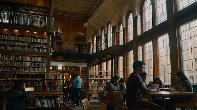 Una biblioteca vibrante con estudiantes que estudian y leen