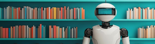 Biblioteca Virtual de Conocimiento Infinito Renderizado en 3D con motor de búsqueda robótico Organizando libros flotantes Copiar espacio para texto