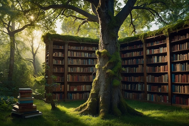 Foto bibliotecas arbóreas cheias de livros místicos